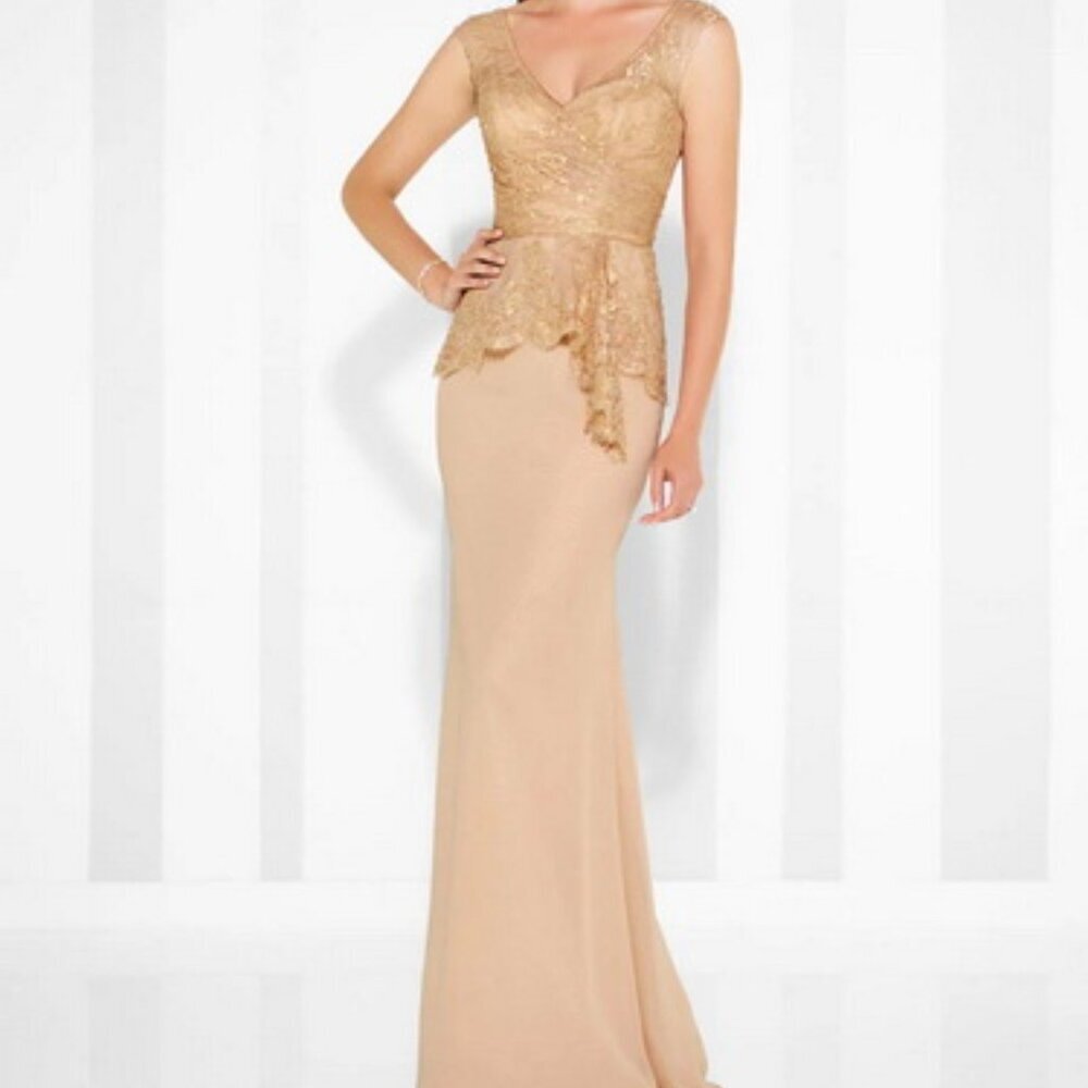 Cameron Blake Mon Cheri Gold Butterscotch Beaded Embroidered Chiffon Gown